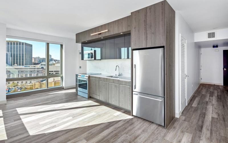 a kitchen with a large window