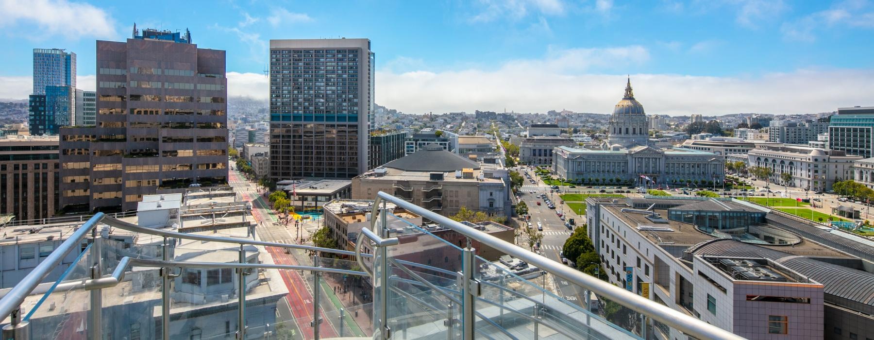 a spiral walkway with city views