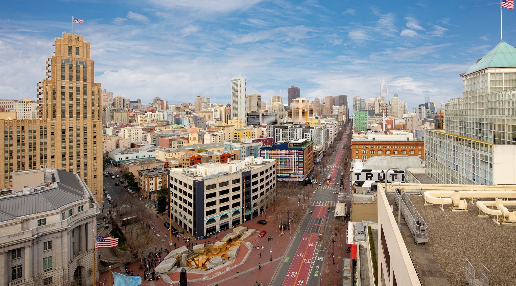 city skyline with overlays of shapes\